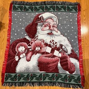 Santa Holiday Christmas Woven Cotton Throw Blanket Tapestry Vintage
